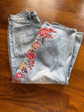 Flamingals Light Wash Women’s Jeans with Pink & Red Floral Embroidery
